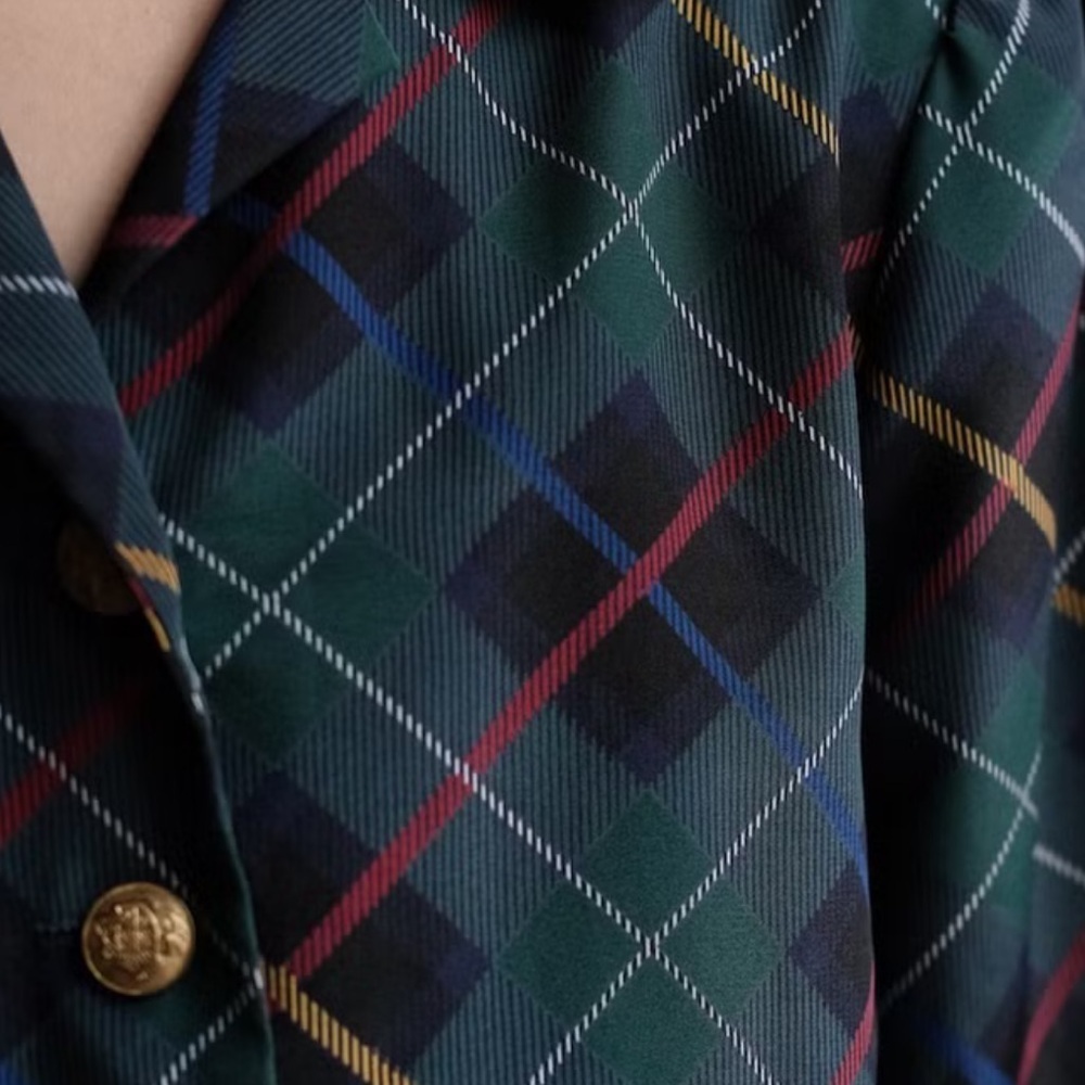 1980s Breli Originals Plaid Secretary Dress with Royal Coat of Arms Gold Trim - Picture 3 of 16